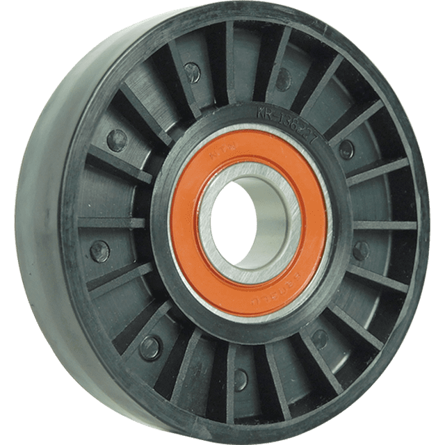 polea tensora de accesorios g5 2007 al 2008 pontiac l4 2.4l vista frontal; polea circular con cuerpo de nylon negro y refuerzos radiales, buje metálico central con sello naranja, marca KEEP ON GREEN, Producto Nuevo; su tamaño compacto la hace adecuada para reemplazo en tareas de mantenimiento de accesorios.