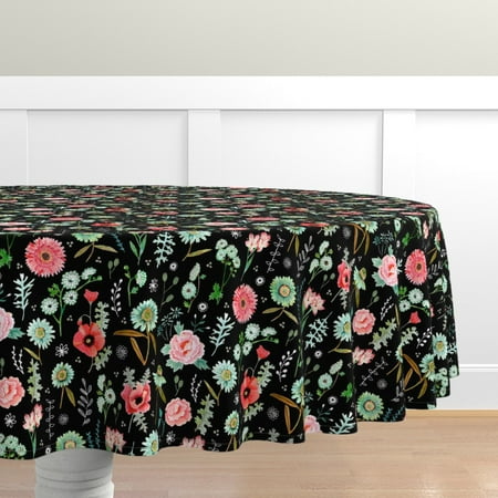 

Cotton Sateen Tablecloth 90 Round - Field Flowers Black Pink Green Floral Girls Room Nursery Little Botanical Nature Poppy Peony Leaves Print Custom Table Linens by Spoonflower