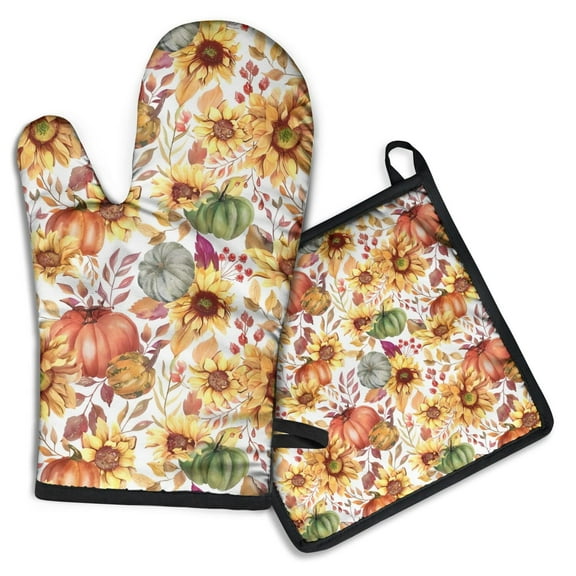 Fall Pumpkins Sunflowers Pattern Kitchen Oven Mitt and Pot Holder Sets 2 Pcs for Baking, Cooking and Grilling, Heat Resistant Up To 392 °F
