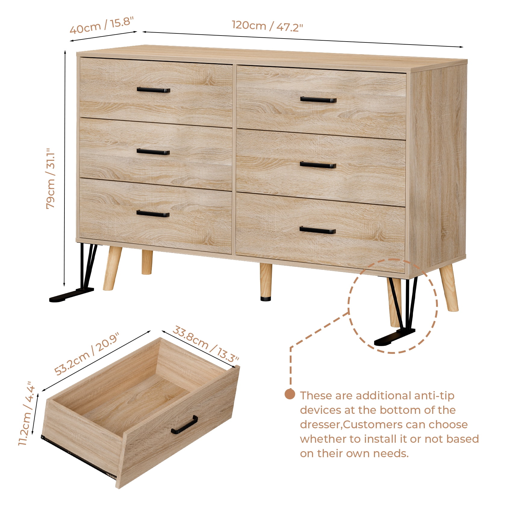 Meteorleg 6 Drawer Dresser for Bedroom, Wood Oak Dresser with Wide Drawers and Metal Handles,Modern Dresser Chest for Bedroom,Living Room,Entryway