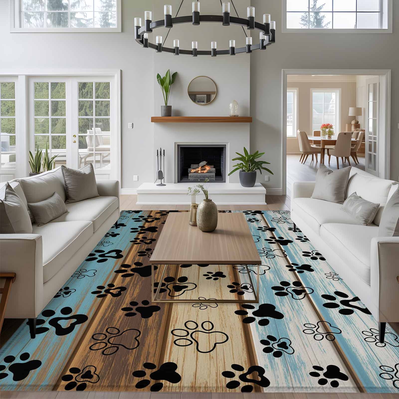 6'x9' Area Rugs, Cute Dog Claws Indoor Outdoor Area Rug for Living Room Bedroom, Farmhouse Blue Wooden Puppy Pawprints Washable Bathroom Rugs Kitchen Floor Carpet Mats Home Decor Aesthetic