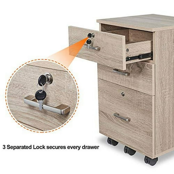 Bonnlo 26"H 3 Drawer File Cabinet with Lock, Rolling File Cabinet Under Desk, Mobile File Cabinets for Home Office, Wood File Cabinet Printer Stand for Letter Size File Folders, As
