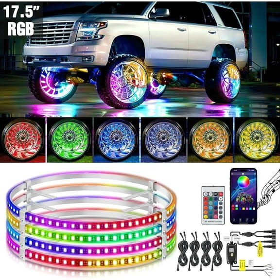Nilight 4Pcs 17.5inch Led Wheel Ring Lights RGB with APP and Remote Control Neon Wheel Rim Lights Million Colors w/Turn Signal and Braking Function for Car Van SUV Truck