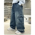 thumbnail image 4 of Boys Baggy Cargo Jeans, Elastic Waistband Multiple Pockets, Wide Leg Denim Trousers for Active Kids Age 6-13, 4 of 9