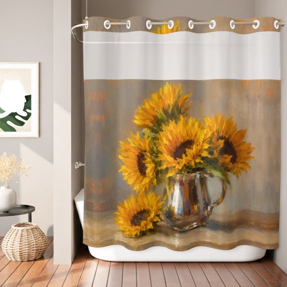 No Hook Shower Curtain, Sunflower Shower Curtains for Bathroom with See Through Top Window, Vintage Yellow Botanical Floral Summer Waterproof & Washable Bath Curtain Standard 72"x72"