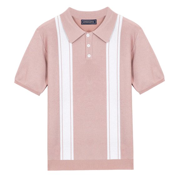 Telankuip Mens Casual Knit Polo Shirts Short Sleeve Vintage Striped Quarter Button Lapel T-Shirt Stretchy Slim Fit Vacation Shirt Trendy Color Block Business Casual Tee Tops Pink XL