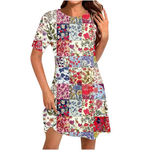 Vestido Corto para las Mujeres Cuello Redondo Manga Corta Impresa Suéter, Moda Casual Estilo Línea