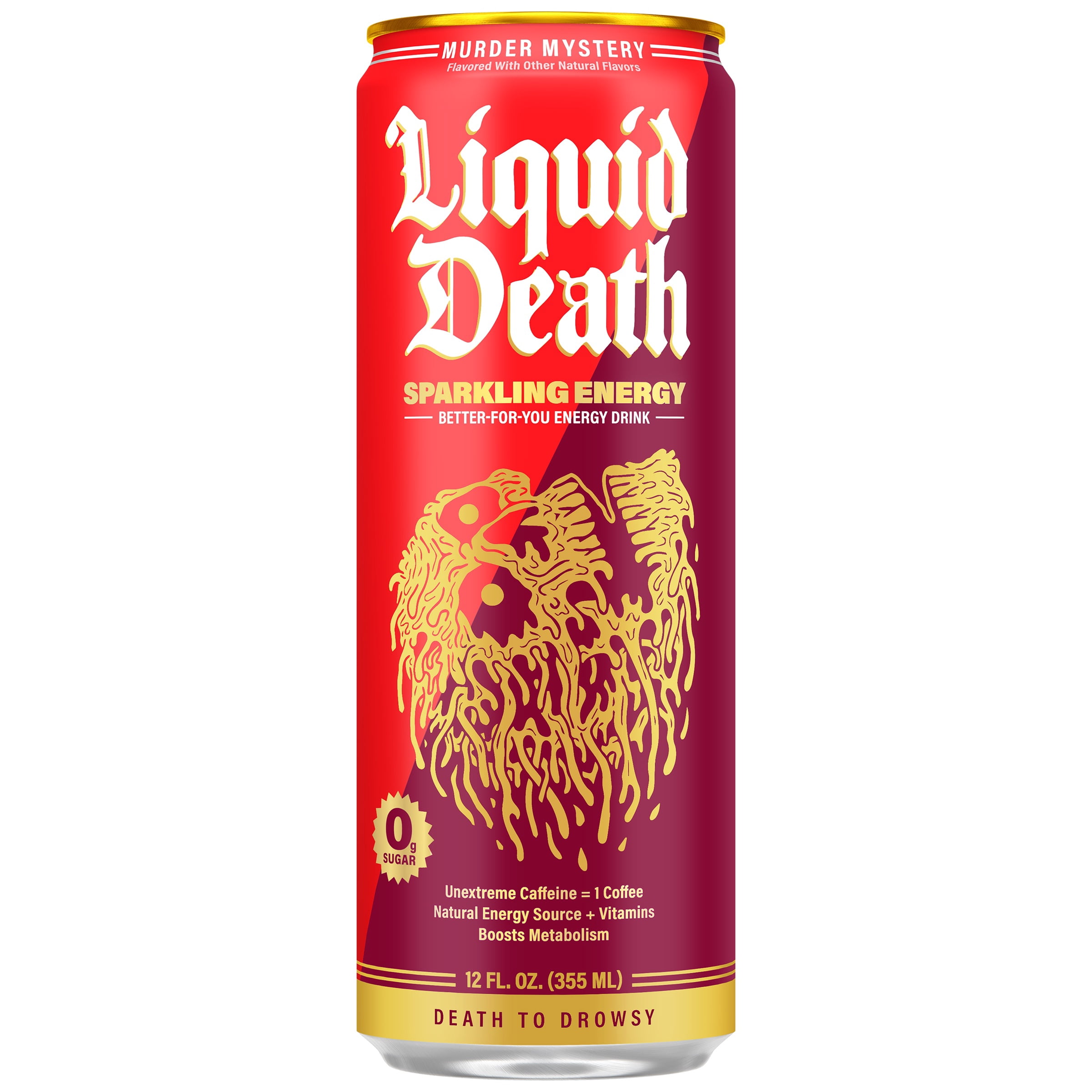 Liquid Death Sparkling Energy - Murder Mystery, Sugar-Free Energy Drink, Unextreme Caffeine 100mg, Essential Vitamins, 12 Fl Oz (Pack of 12)