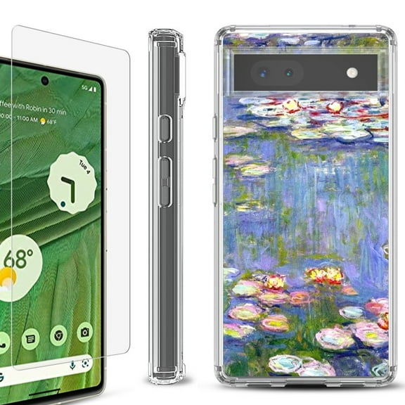 Shockproof Bumper Phone Case for Google Pixel 6a, with Tempered Glass Screen Protector, by OneToughShield ® - Water Lilies