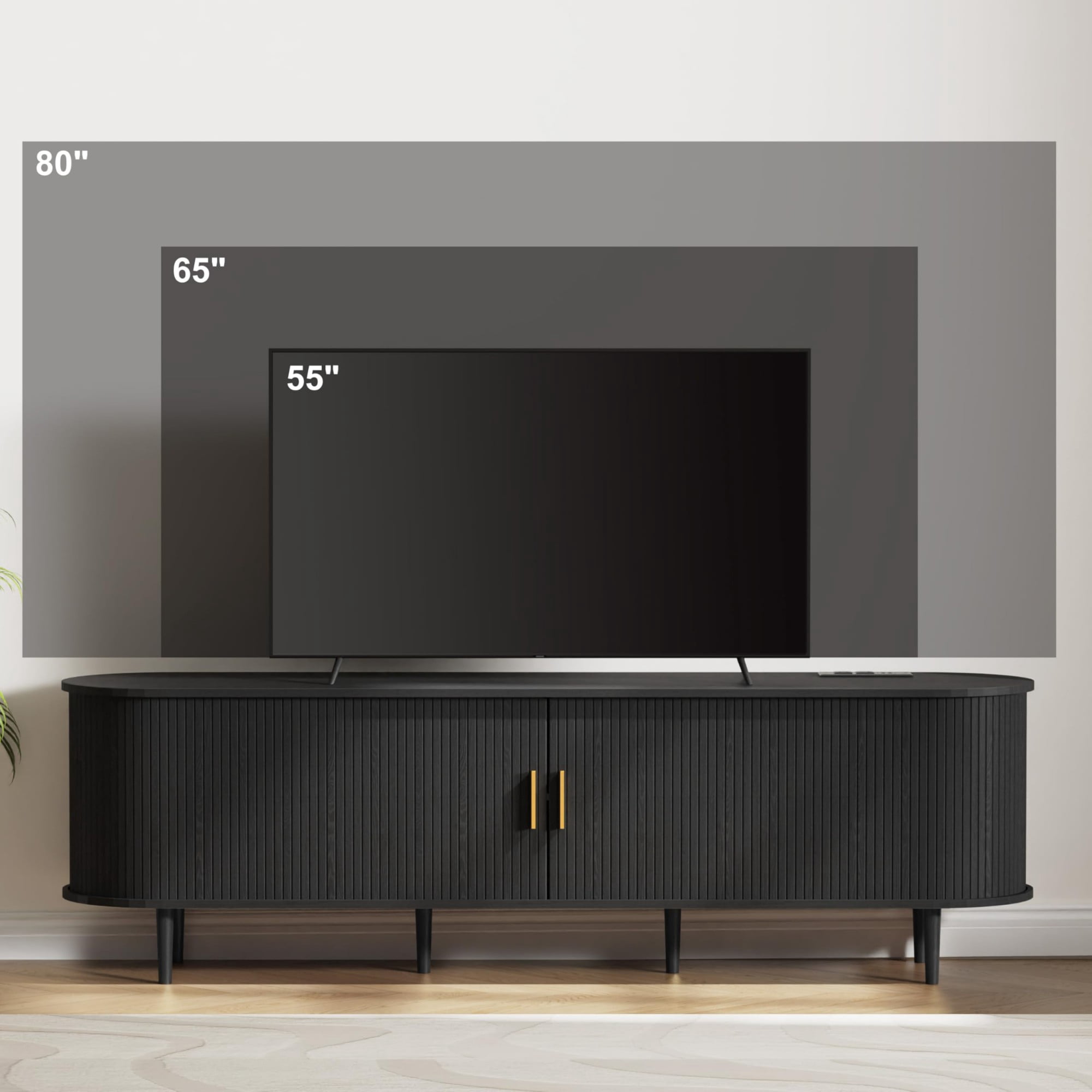 70.8 Inch Mid Century Modern TV Stand with Power Outlet, Fluted Media Console with Sliding Doors for TVs up to 80 Inch, Black