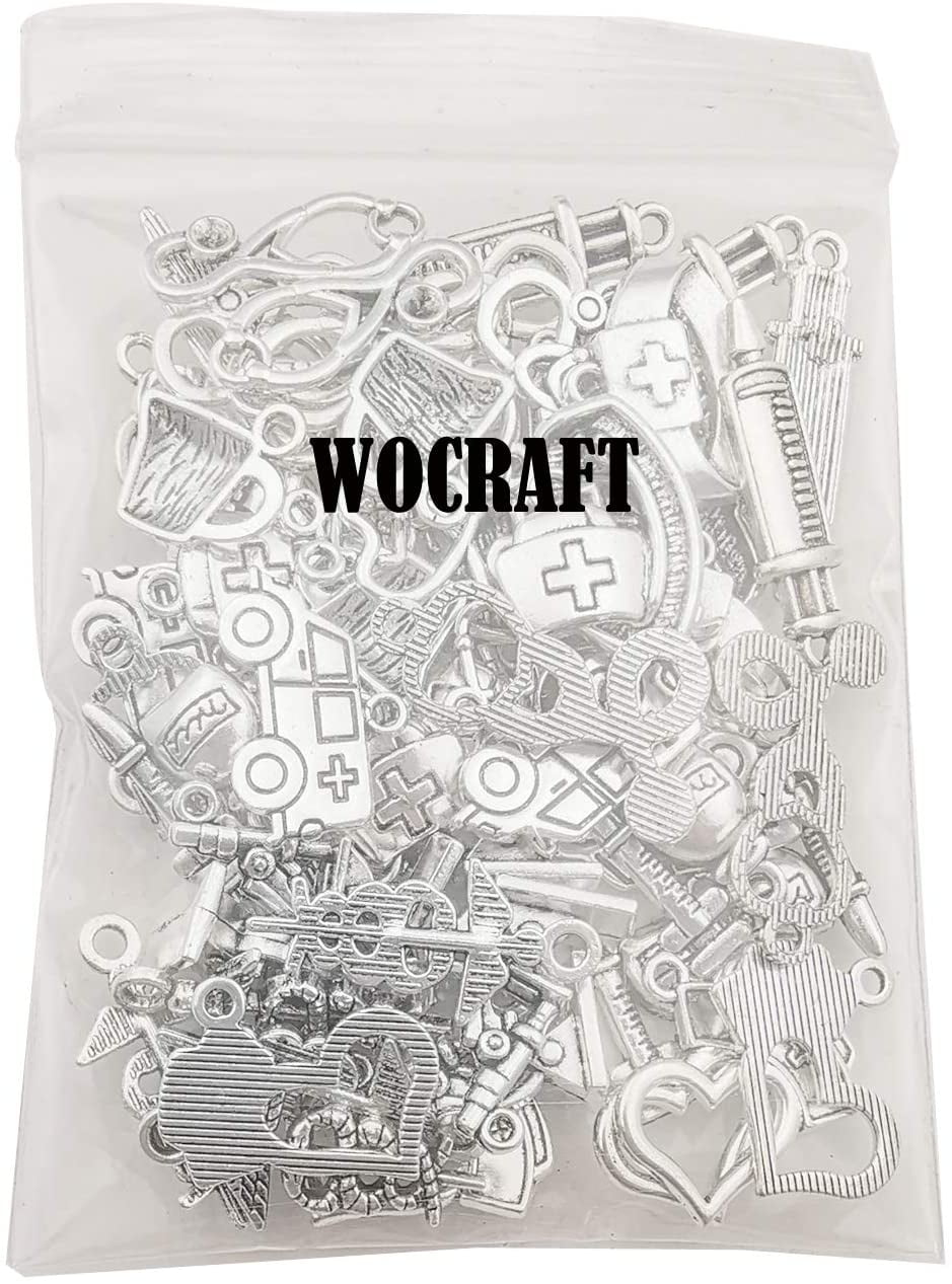 WOCRAFT 70pcs Craft Supplies Antique Silver Medical Nurse Charms Stethoscope Syringe Nurse Cap Hat Charms for Jewelry Making Crafting Findings Accessory for DIY Necklace Bracelet M297 