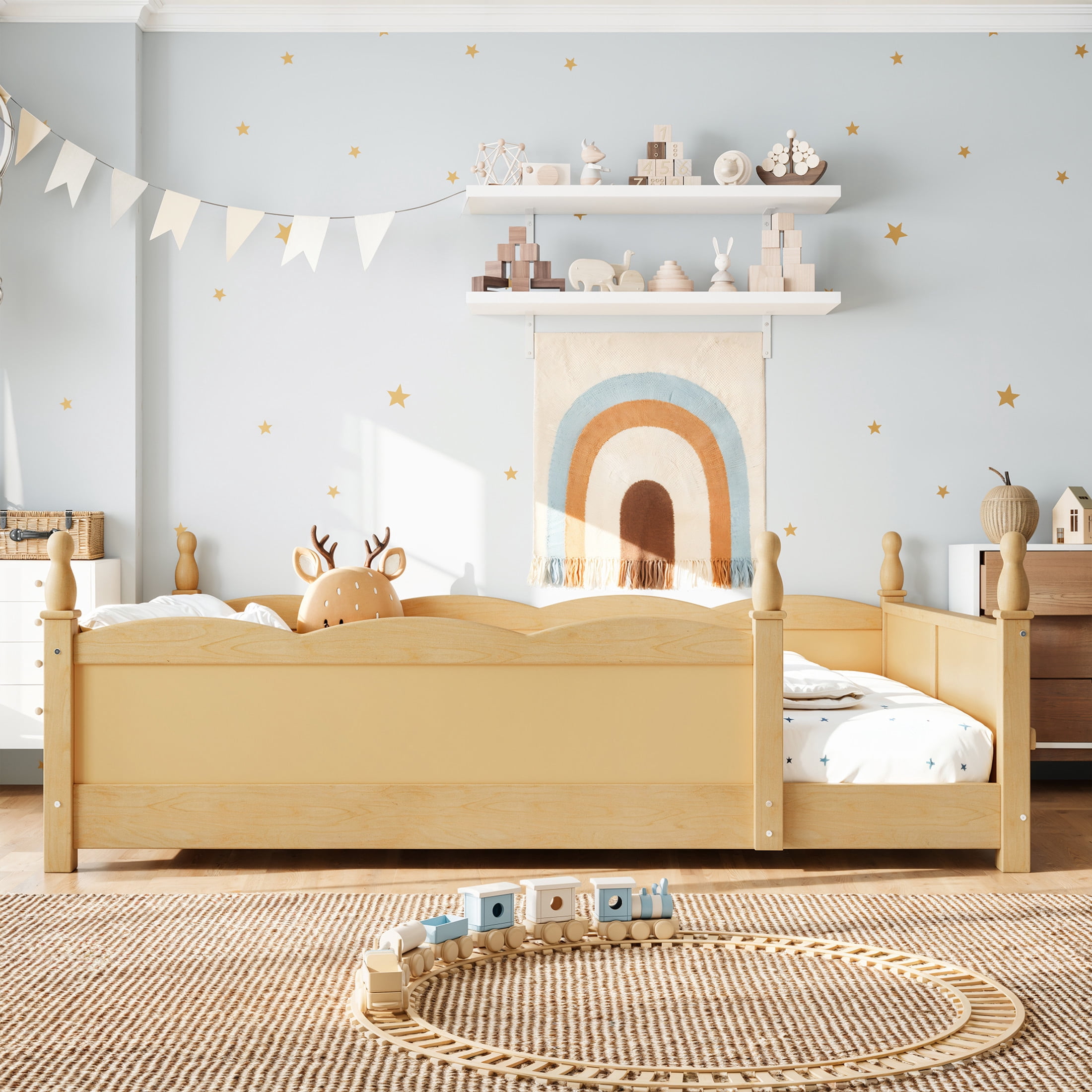 GDF Studio Full Size Montessori Floor Bed with Guardrails & Side Bookshelf, Childlike Design, Natural
