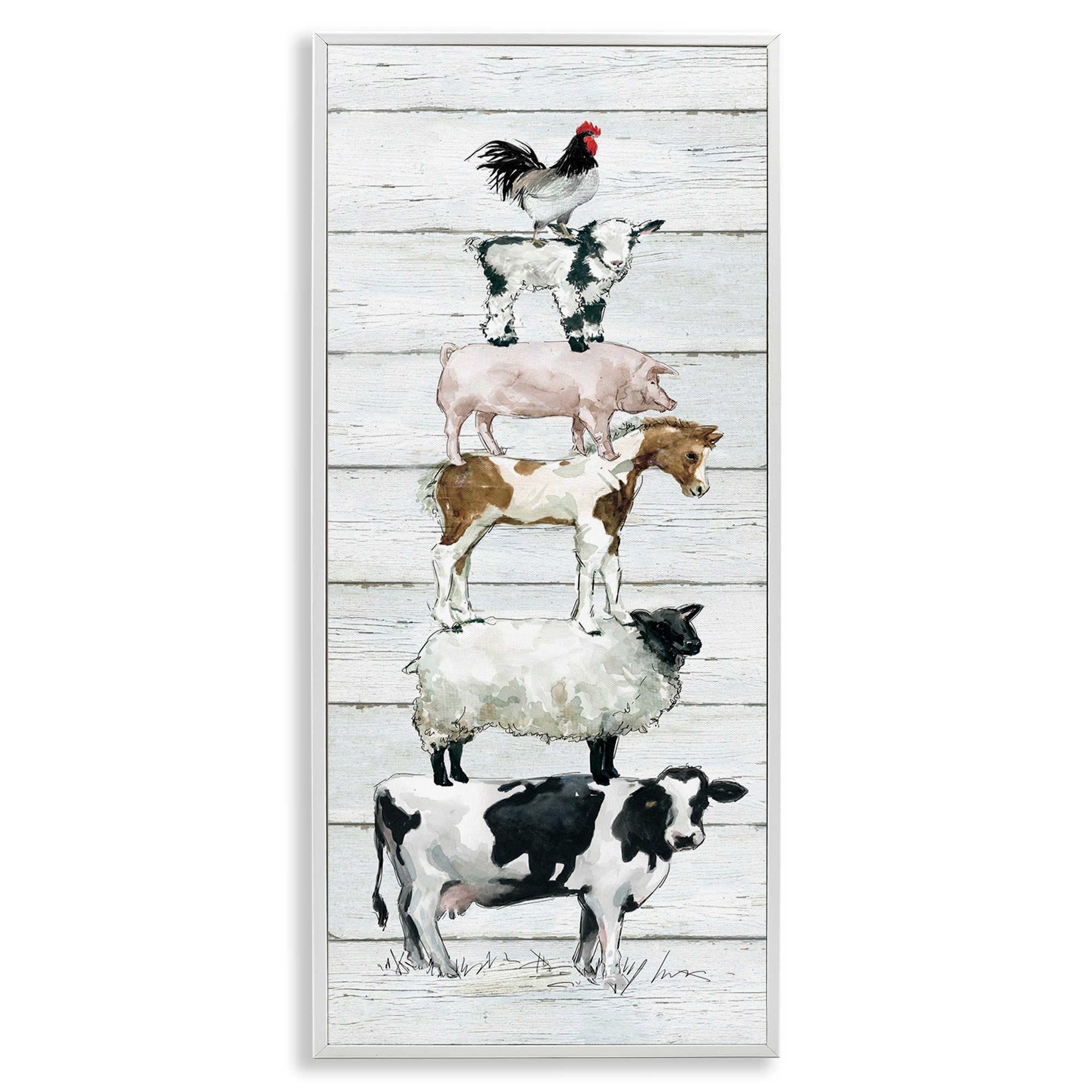 Stupell Industries Country Farm Animal Stack Cow Sheep Pig Rooster Modern Painting White Framed Art Print Wall Art, 10 x 24, Design by Carol Robinson