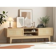 FANRAL Boho Farmhouse TV Stand for 65 Inch TV,Rattan Entertainment Center with Sliding Doors,Media Console with Adjustable Shelves & Cord Holes for Living Room,Natural Oak TV Stand