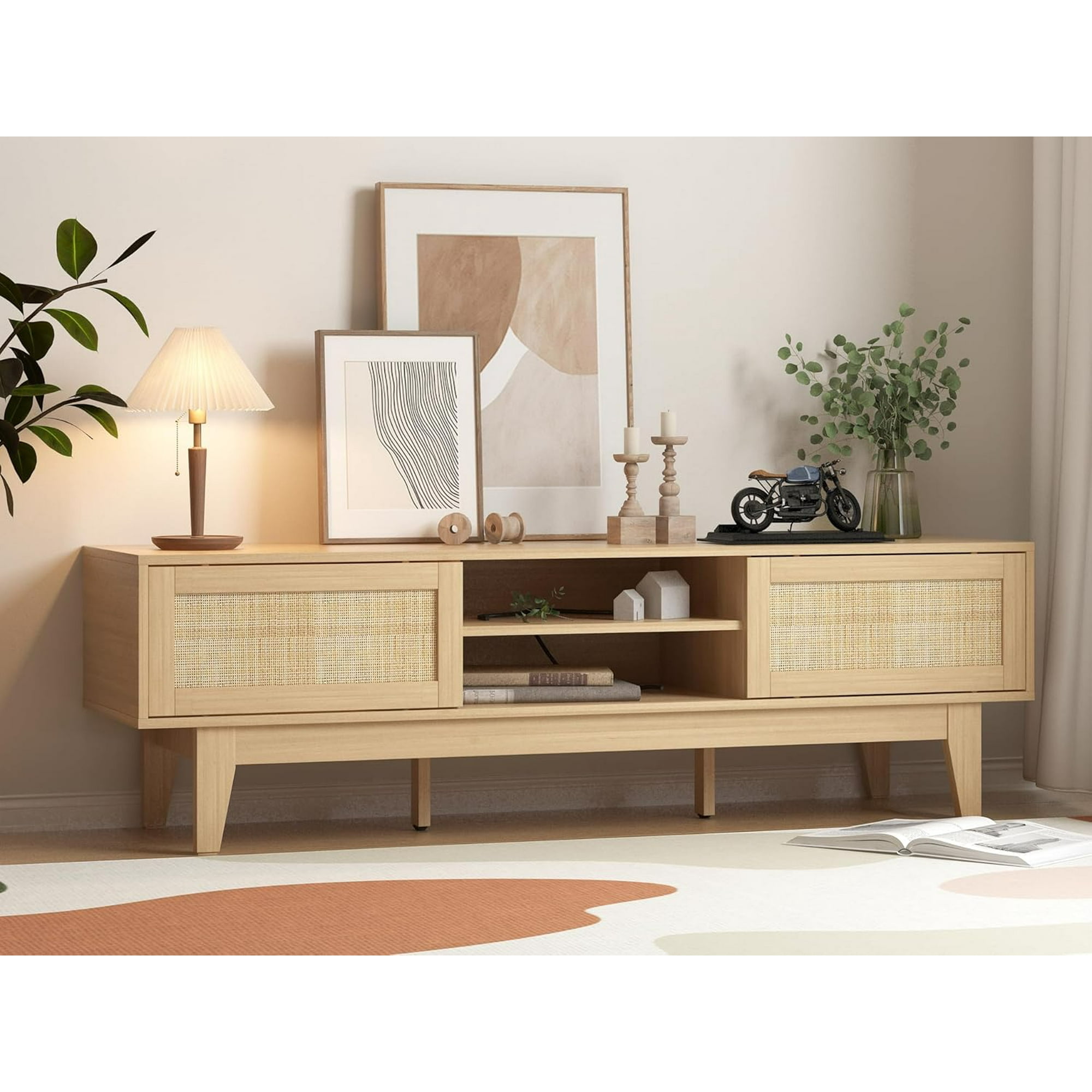 FANRAL Boho Farmhouse TV Stand for 65 Inch TV,Rattan Entertainment Center with Sliding Doors,Media Console with Adjustable Shelves & Cord Holes for Living Room,Natural Oak TV Stand