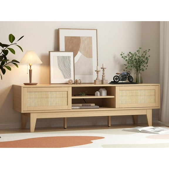 PUFFCAFE Rattan TV Stand up to 65 inch,Boho Entertainment Center with Storage & Sliding Doors,Mid Century Modern TV Console Table,Natural Oak Wood TV Stand for Living Room Bedroom