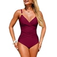 thumbnail image 2 of Minjewel Women's Cross-Back One-Piece Swimsuit with Ruched Tummy Control, Solid Color Slimming Bathing Suit, Athletic Swimwear for Women,Wine,2XL, 2 of 7