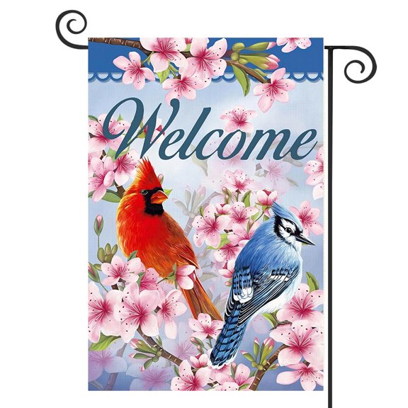 DMERBYL Welcome Spring Cardinal Garden Flag 12×18 Double Sided Vertical Burlap Pink Flowers Red Bird Yard Flags for Farmhouse Yard Holiday Outdoor Flags Decor