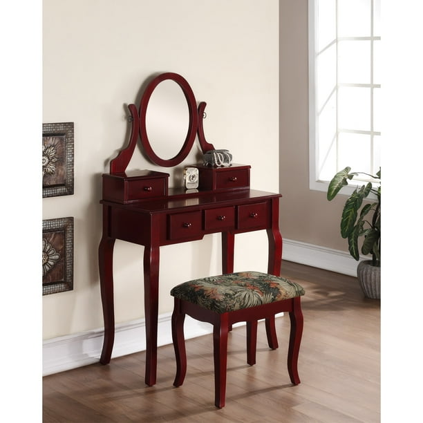 Roundhill Furniture Ashley Wood Cherry Makeup Vanity Table And Stool Set Com Roundhill Furniture Ashley Wood Cherry, Cherry Finish Vanity Set