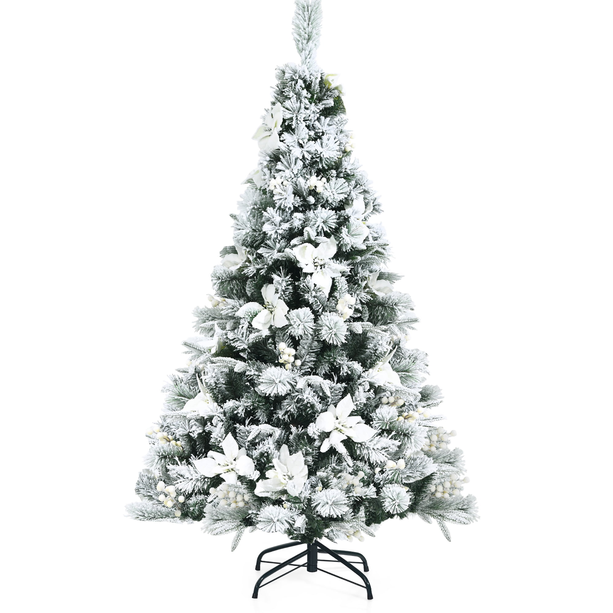 Costway 5ft Snow Flocked Hinged Christmas Tree w/Berries & Poinsettia
