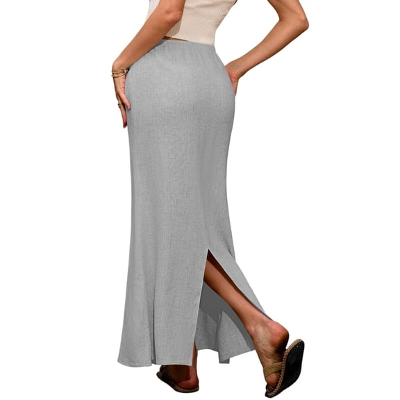 Yucgh Women's Solid Color Fishtail Split Skirt with Elastic Waist & Side Pockets, Swing Maxi Skirt, Casual Linen Blend Beach Skirt for Summer,Light Gray,2XL