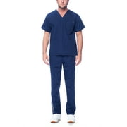 Dagacci Medical Uniform Unisex Men and Women V-Neck Top Straight Pants Athletic Trim Cotton Scrub Set (Navy,M)