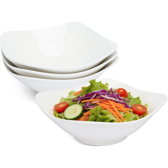 LIVARA 4 Pack White Plastic Square Salad Bowls, 7.28 Inch Lightweight Serving Bowls for Salad Fruit Snack Soup, Reusable Dinner Bowls for Kitchen Party Daily Use
