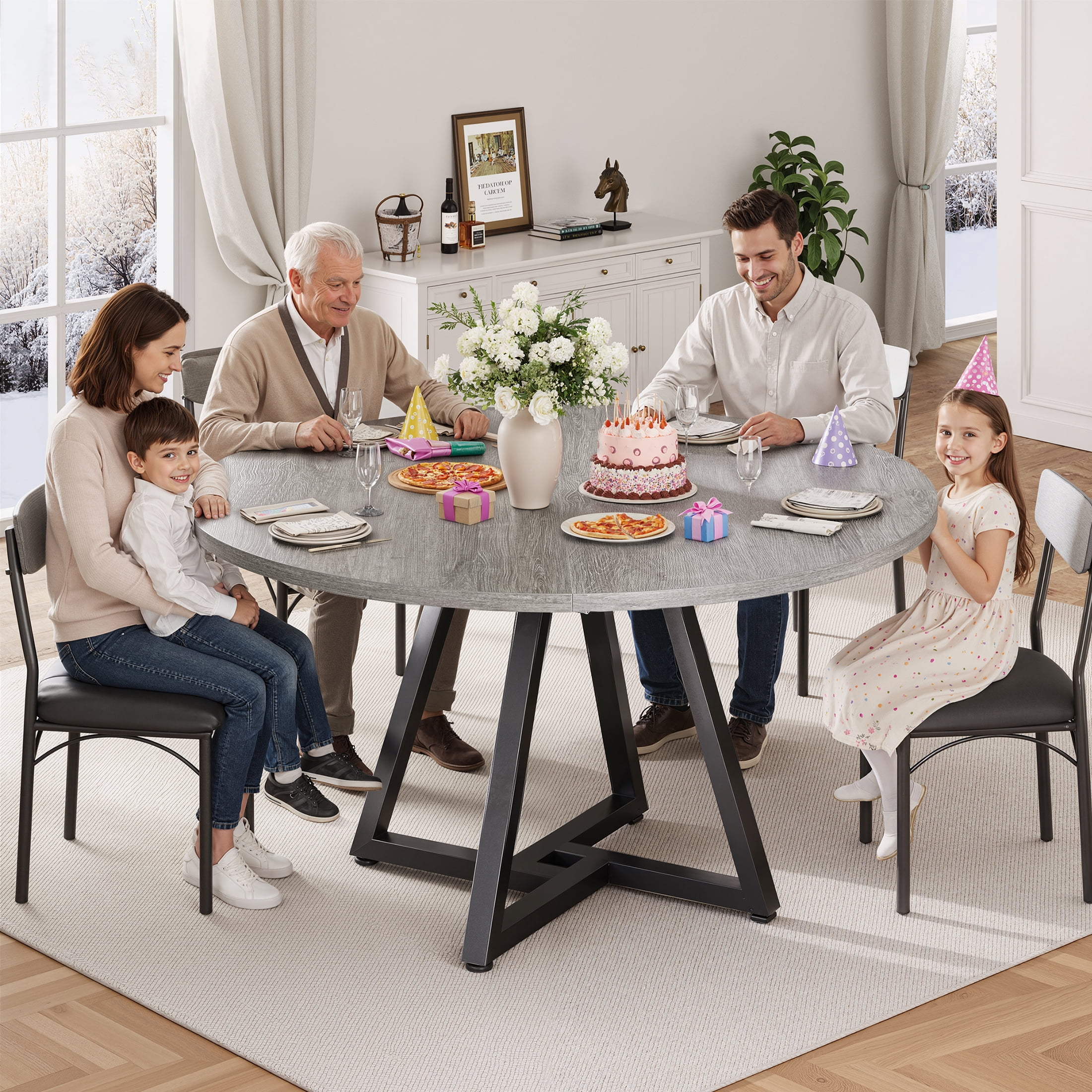 Anyact 47in Round Dining Table for 4, Kitchen Dining Room Circle Dinner Pedestal Table,Kitcen Table Sturdy Wood Kitchen & Dining Room Furniture, Gray(Only Table)