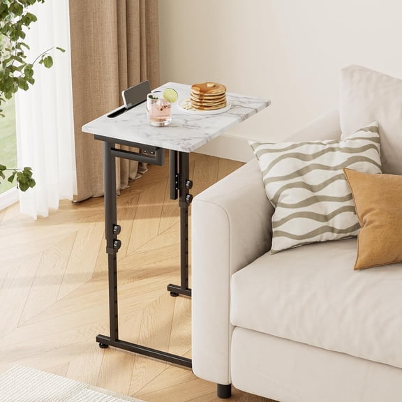 TV Tray, Folding TV Dinner Table, Adjustable Small C-Shaped End Tray for Eating, Foldable Slide Under Couch Side Table for Recliner, Living Room, Bedroom,No Assembly Required(White Marble)