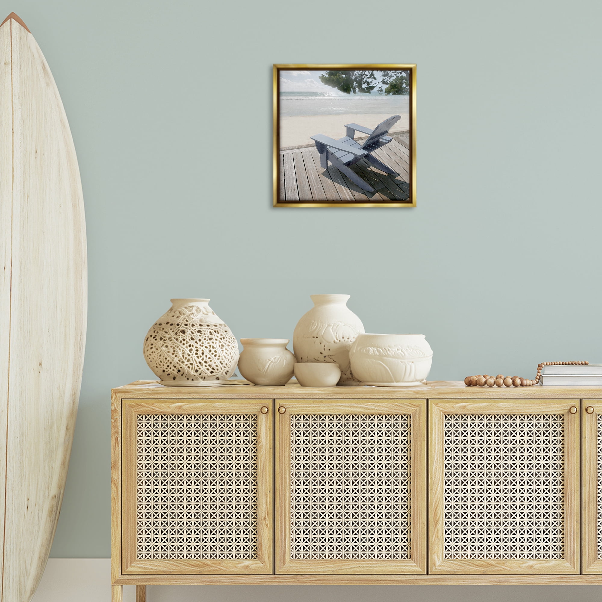 Stupell Industries Greek Chair Beach Landscape Landscape Painting Gold Floater Framed Canvas Art Print Wall Art, 18 x 18