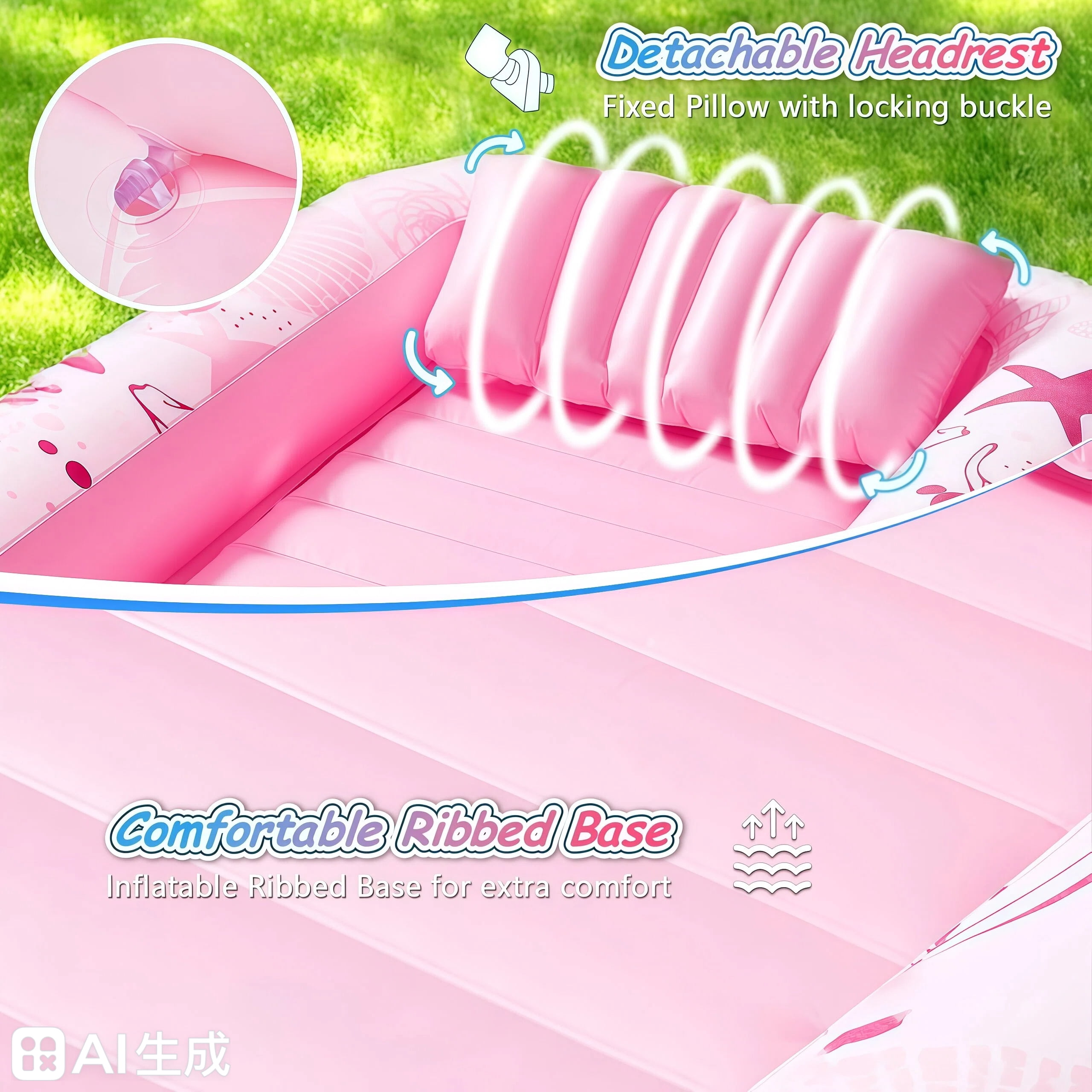 Teblint Inflatable Tanning Pool Rafts for Adults, 70" x 46" Pool Floats with Pillow, 4-in-1 Suntan Tub Raft Floatie, Sunbathing Bed Lounge for Water Backyard, Blow up Kids' Ball Pit, Pink
