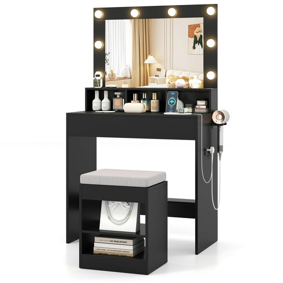 Gymax Vanity Desk Set w/ Mirror & Lights 31.5'' Small Makeup Table for Bedroom