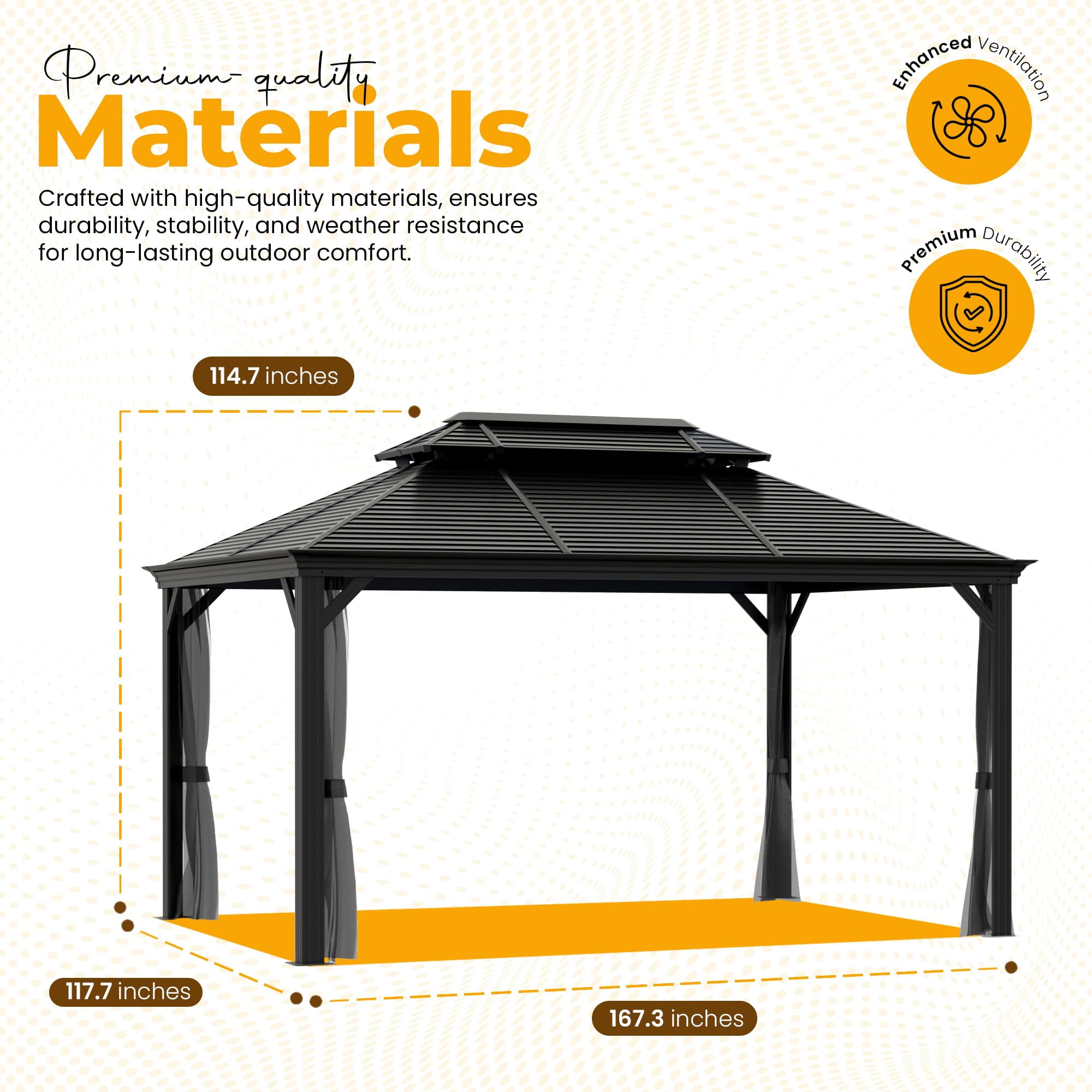 New Yard Hardtop Gazebo with Galvanized Steel Double Roof, Rustproof Aluminum Frame, Privacy Netting, and All-Weather Outdoor Shelter, Dark Grey (10x14)