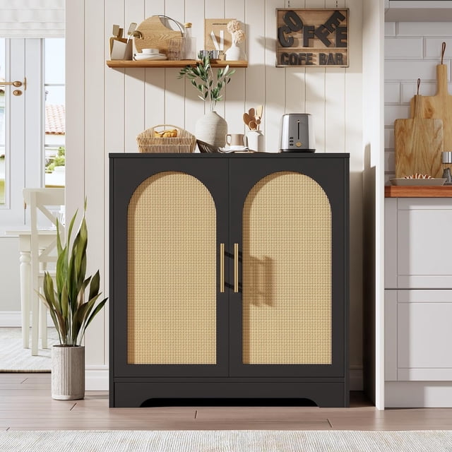Sideboard Buffet Cabinet - Credenza Storage with 2 Rattan Doors and Shelves, Modern Console Table Accent Coffee Bar Cabinet for Living Room, Kitchen, Hallway, Dining Room, Entryway, Black