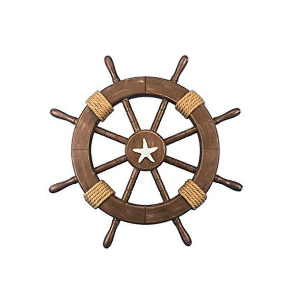 Handcrafted Nautical Decor Rustic Wood Finish Ship Wheel with Starfish 18" - Beach Decoration