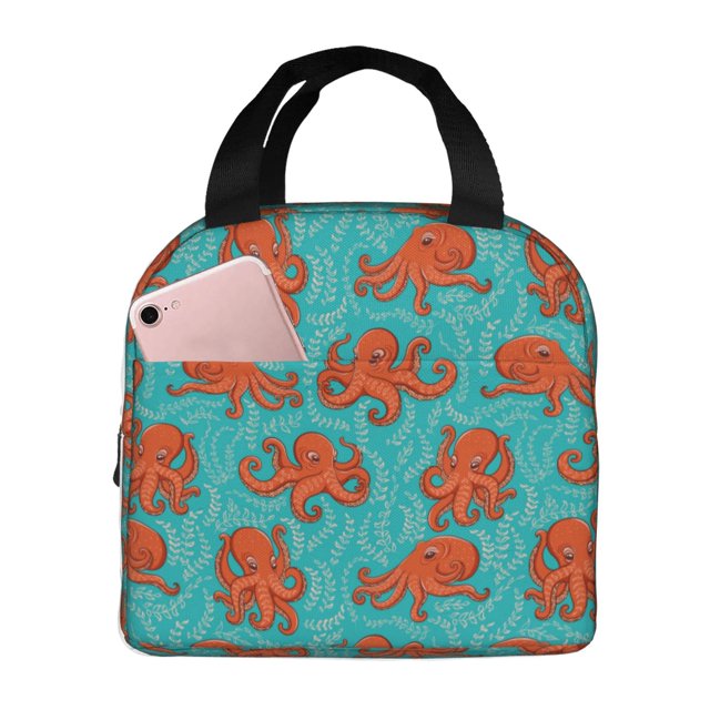 Fotbe Fun Octopus Pattern Insulated Lunch Bag – Thick Aluminum Foil Lunch Box, Waterproof Thermal Tote with Front Access Pocket, Keeps Food Fresh for 4 Hours