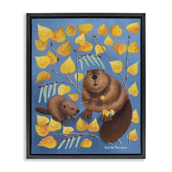 Stupell Industries Beaver & Quaking Aspen Animals Painting Black Floater Framed Canvas Art Print Wall Art, 17 x 21