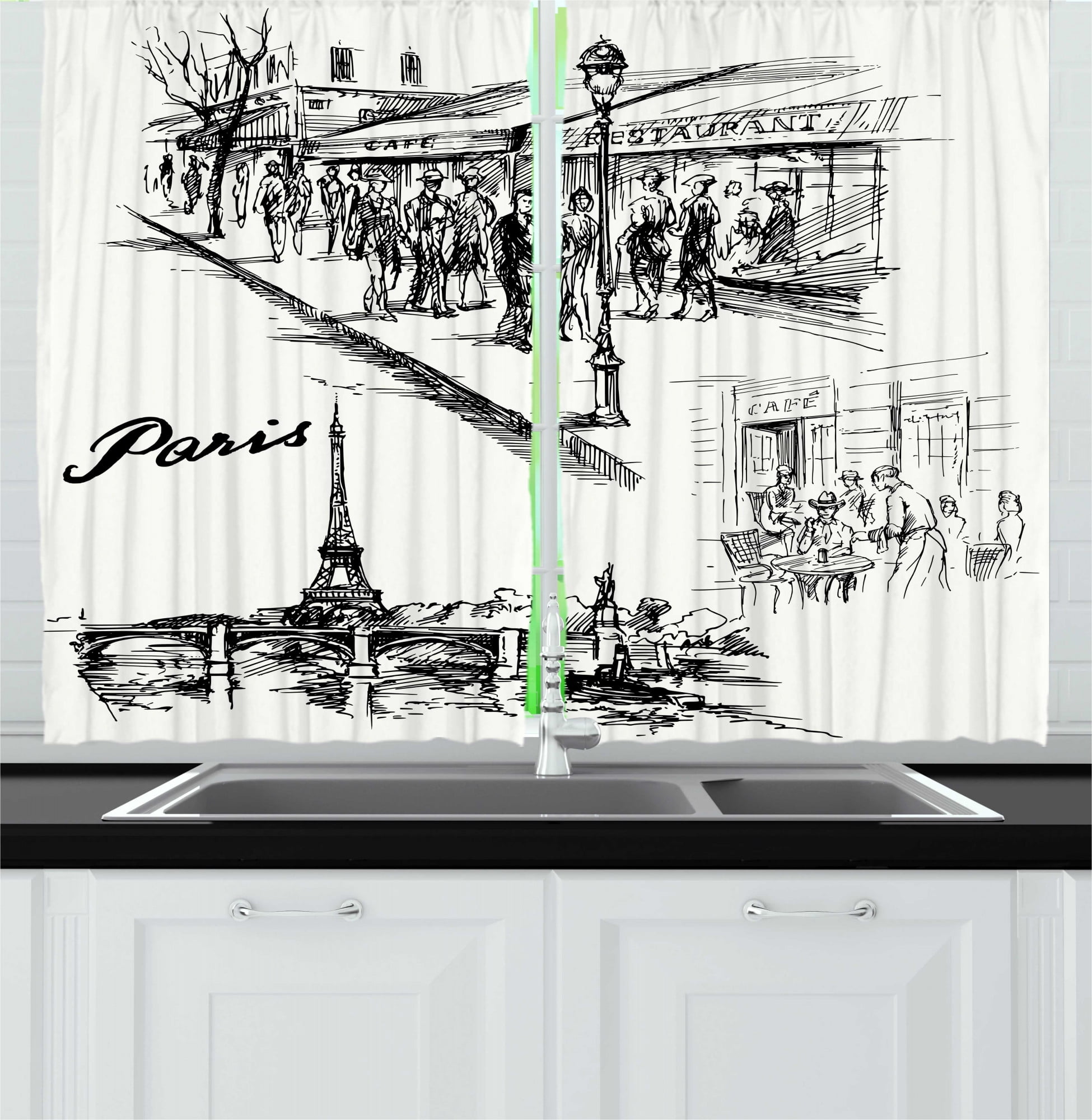 Eiffel Tower Kitchen Curtains, Paris Sketch Style Café Restaurant