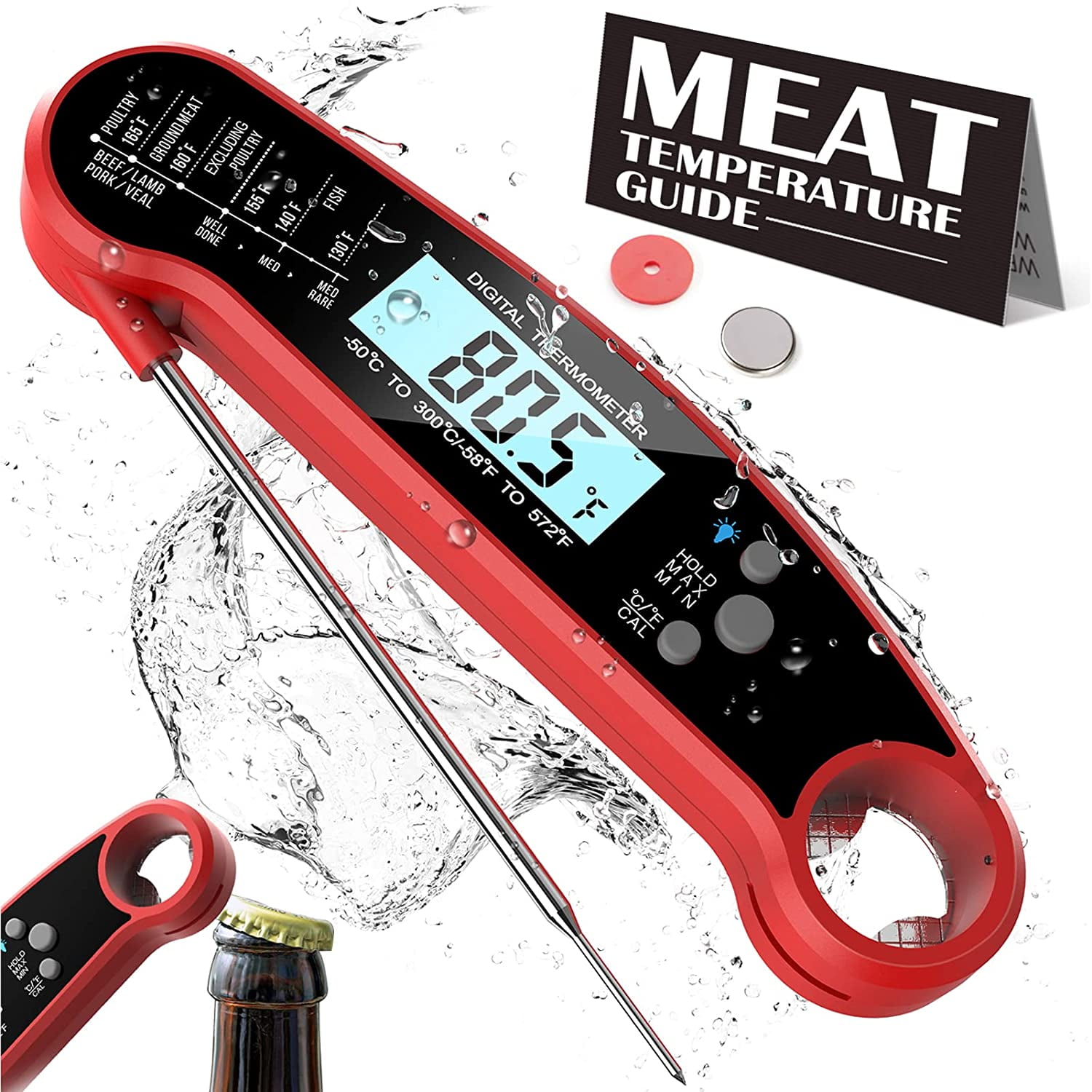 Waterproof Digital Instant Read Meat Thermometer with 4.6” Folding Probe  Backlight & Calibration Function for Cooking Food Candy, BBQ Grill