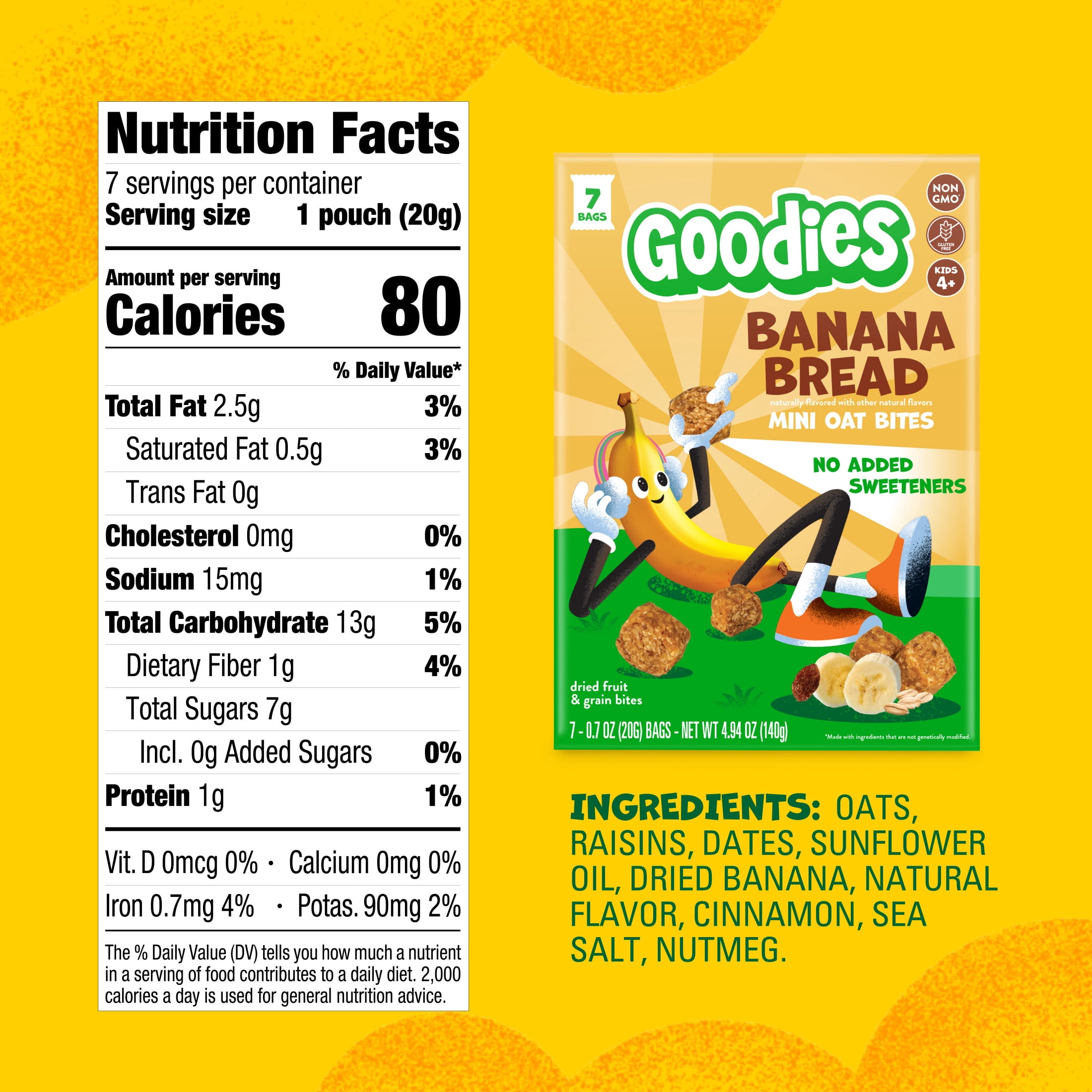 Goodies Banana Bread Mini Oat Bites Kid Snack Bites, Gluten Free & Non-GMO, 7 packs