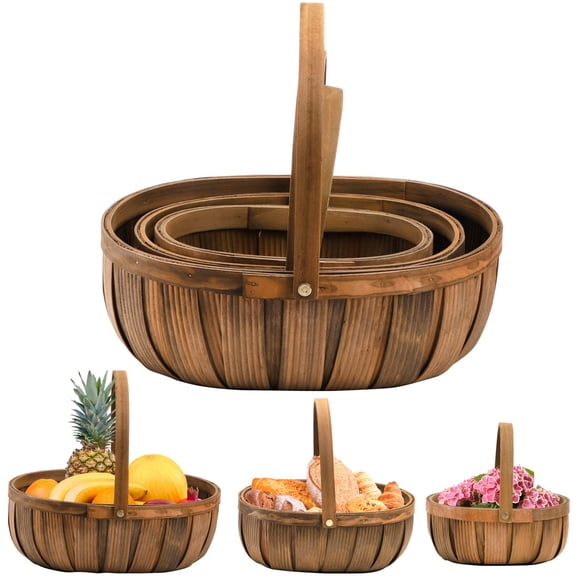 Lawei 3 Pack Wooden Bread Baskets, Wood Chip Picnic Basket with Handles, Handmade Woven Fruits Vegetable Storage Serving Basket Ho