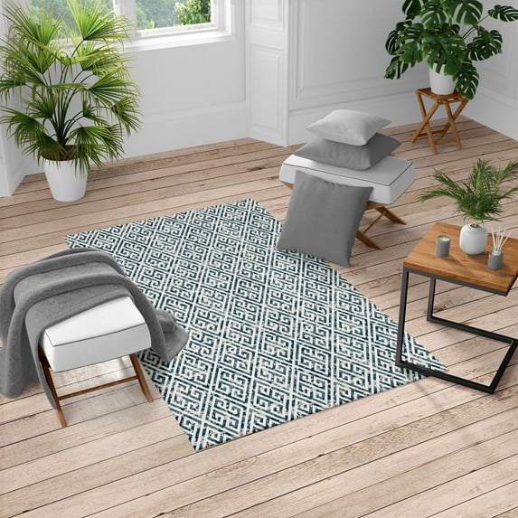 Greek Key Turkish Area Rug, Tile Mosaic Pattern in Antique Meander and Camo Design Effect Print, Soft Carpet for Living Room Decor with Distressed Look, 5.2' X 7.6', Blue Grey, by Ambesonne