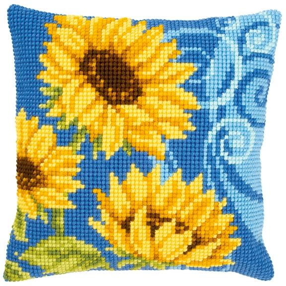 Vervaco Cross Stitch Cushion Kit Sunflowers On Blue 16" x 16"