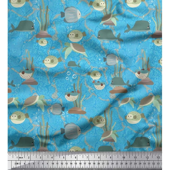 Soimoi Cotton Duck Fabric Coral,Fish & Sea Turtle Ocean Decor Fabric Printed Yard 42 Inch Wide