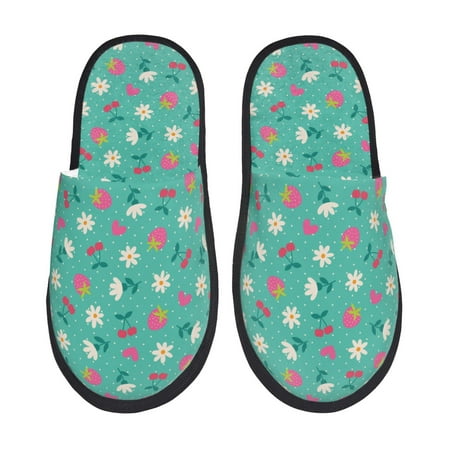 Balery Cherry Strawberry Floral Slient Indoor Furry Fleece Comfort House Shoes Soft Non-Slip Home Shoes Cotton slippers House Slippers-- Medium