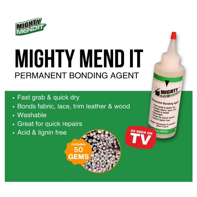 Mighty Mendit , Permanent Fabric Adhesive, Flexible Stretchable Washable, Clear, 4 oz, Plus Mighty GEMIT™, Embellishing Adhesive, 1 oz Mighty Mendit , Permanent Fabric Adhesive, Flexible Stretchable Washable, Clear, 4 oz, Plus Mighty GEMIT™, Embellishing Adhesive, 1 oz