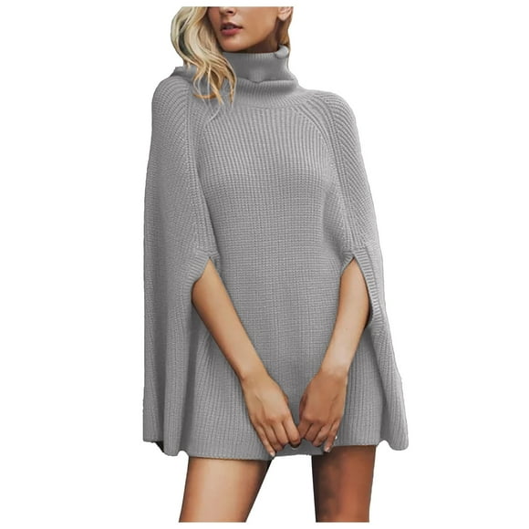 SGMVNU Womens Sweater Tops Turtleneck Poncho Knitted Batwing Sleeveless Hem Side Slit Pullover Soild Loose Cape Shawl Knitwear Fall Winter Clothes(Grey, S)