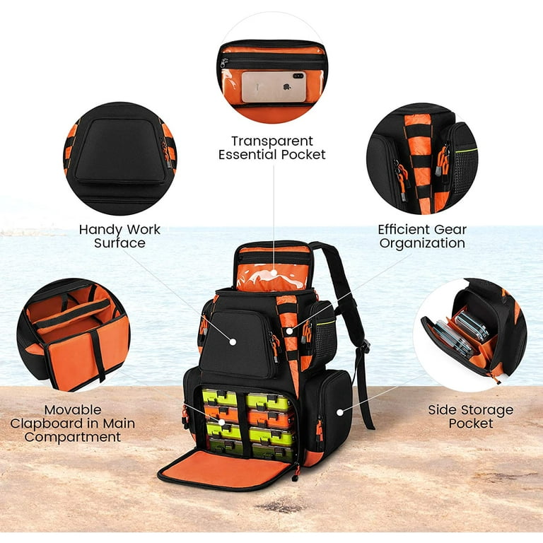 Fishing Tackle Backpack with 4 Trays Tackle Boxes, Storage Bag 25L