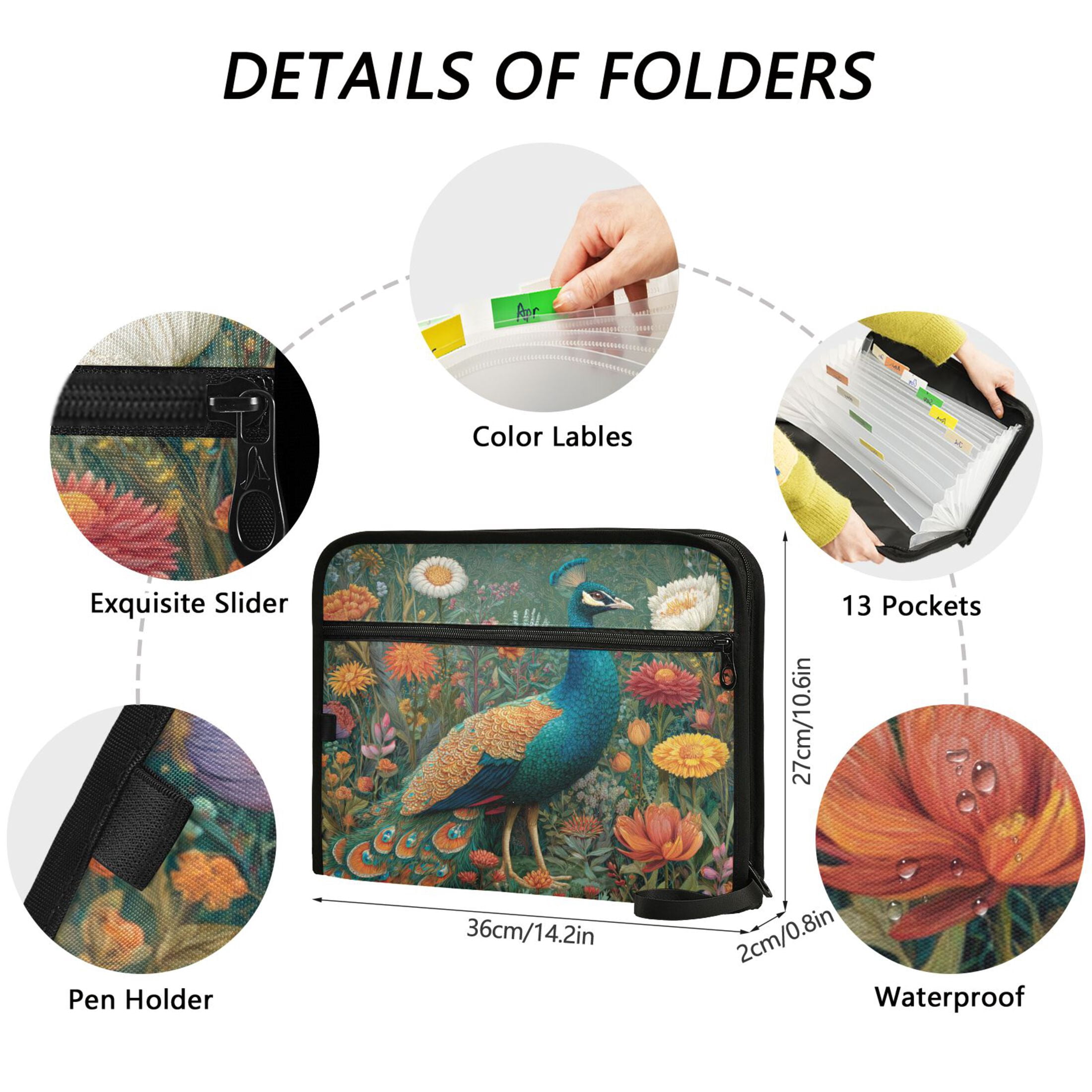 WOBOGO Peacock Expanding File Folder Letter Size Accordion Filing Organizer 13 Pocket Separate Organ Pocket