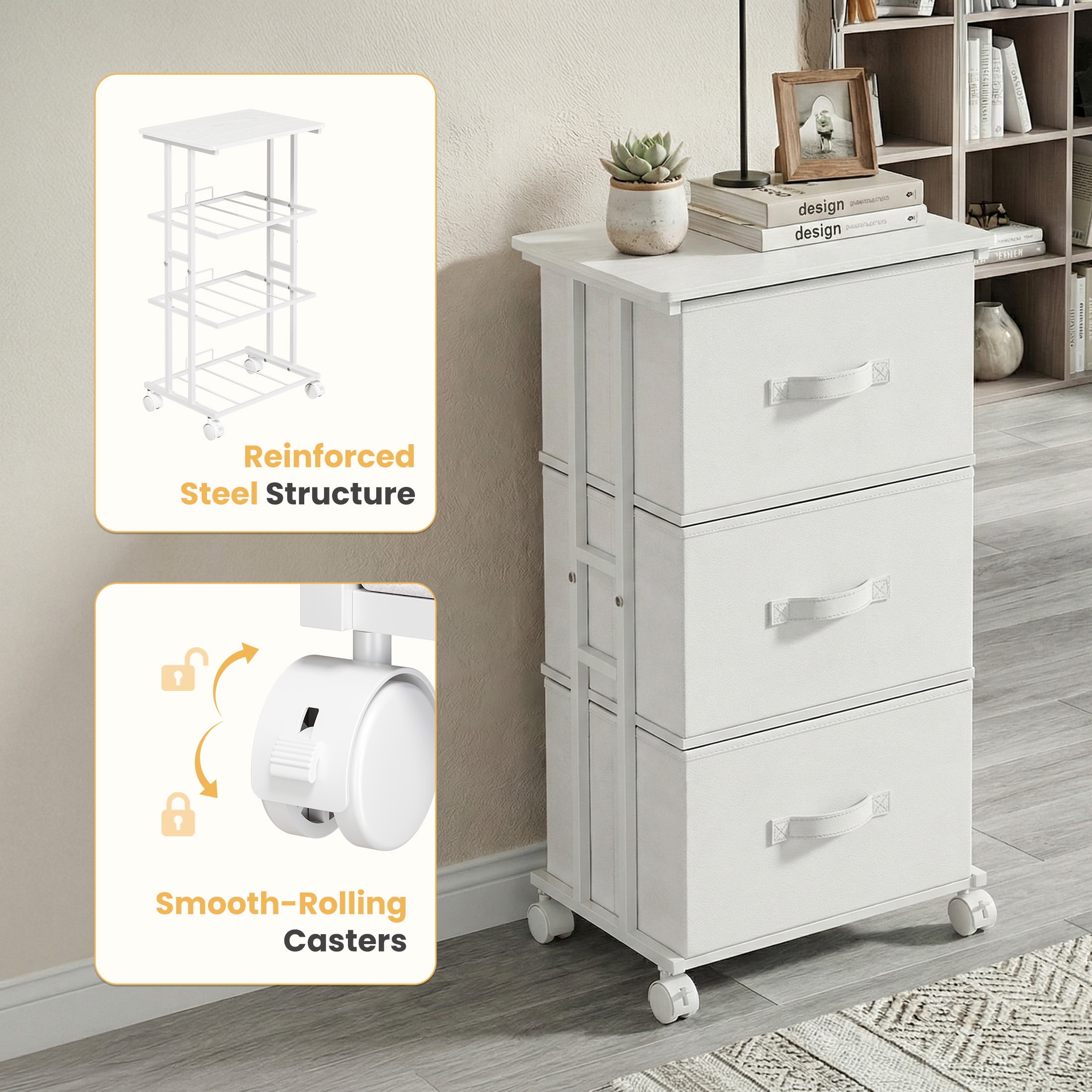 CONCETTA Dresser Storage with 3 Drawers, Storage with Wheels for Bedroom, Home Office, White